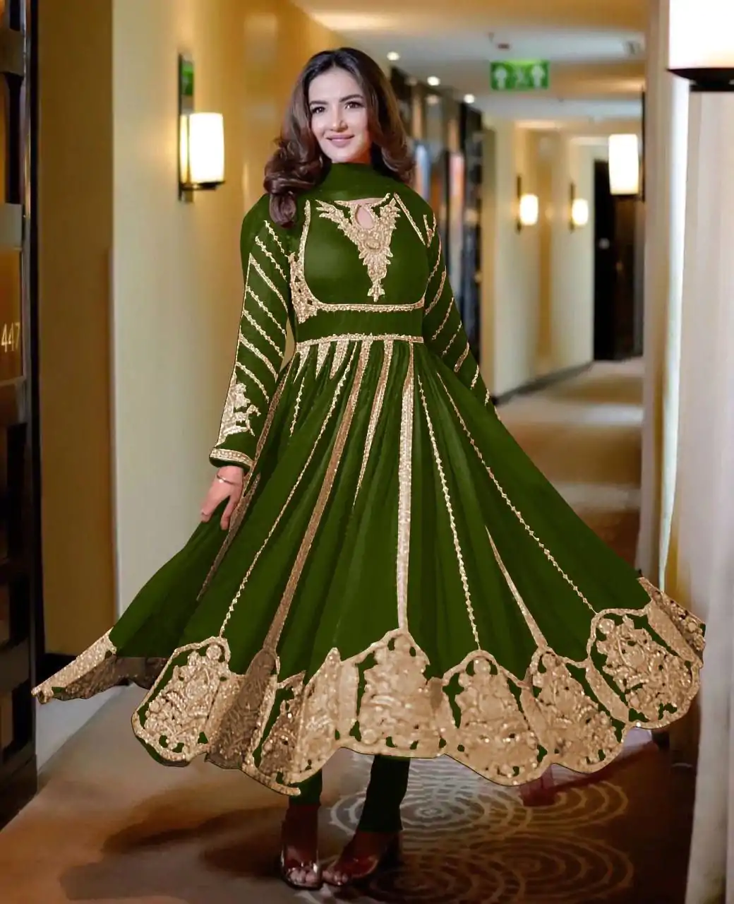 NSR 817 Green in Faux Georgette With Full Heavy Embroidery & Lace Work Gown . Festive Deal ₹1949. Wedding, Party, Festive, Events Delivery 4-6 Days | Gowns, Bollywood Gowns, Creative Gowns, Designer Gowns, Embroidered Gowns, Party Wear Gowns