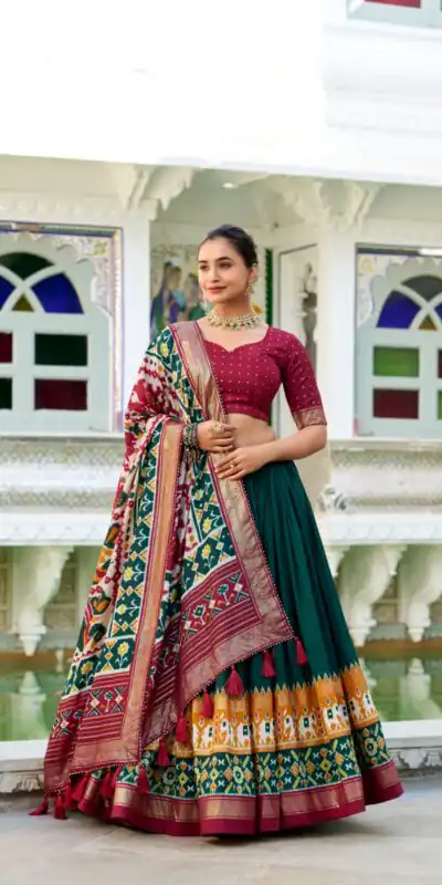 LNB 1680 Green Tasar Silk Patola Print & Gotta Patti Work Lehenga Choli in . Special Price ₹2449. Delivery 4-6 Working Days. Shop now. | Lehenga, Bollywood Lehenga, Creative Lehenga, Designer Lehenga, Embroidered Lehenga, Party Wear Lehenga