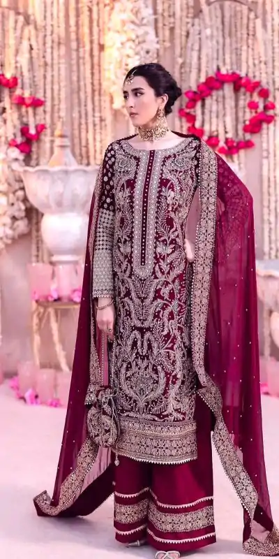 SRK 5297 Maroon Heavy Faux Georgette With Chain Stitch Embroidery Sequence Work Salwar Suit Wedding, Party, Festive, Events, 4-6 Working Days At 2399 | Jump Suits, Salwar suit, Casual Suits, Creative suits, Designer Suits, Palazzo Suits, Party Wear Suits, Patiala Suits, Straight Suits