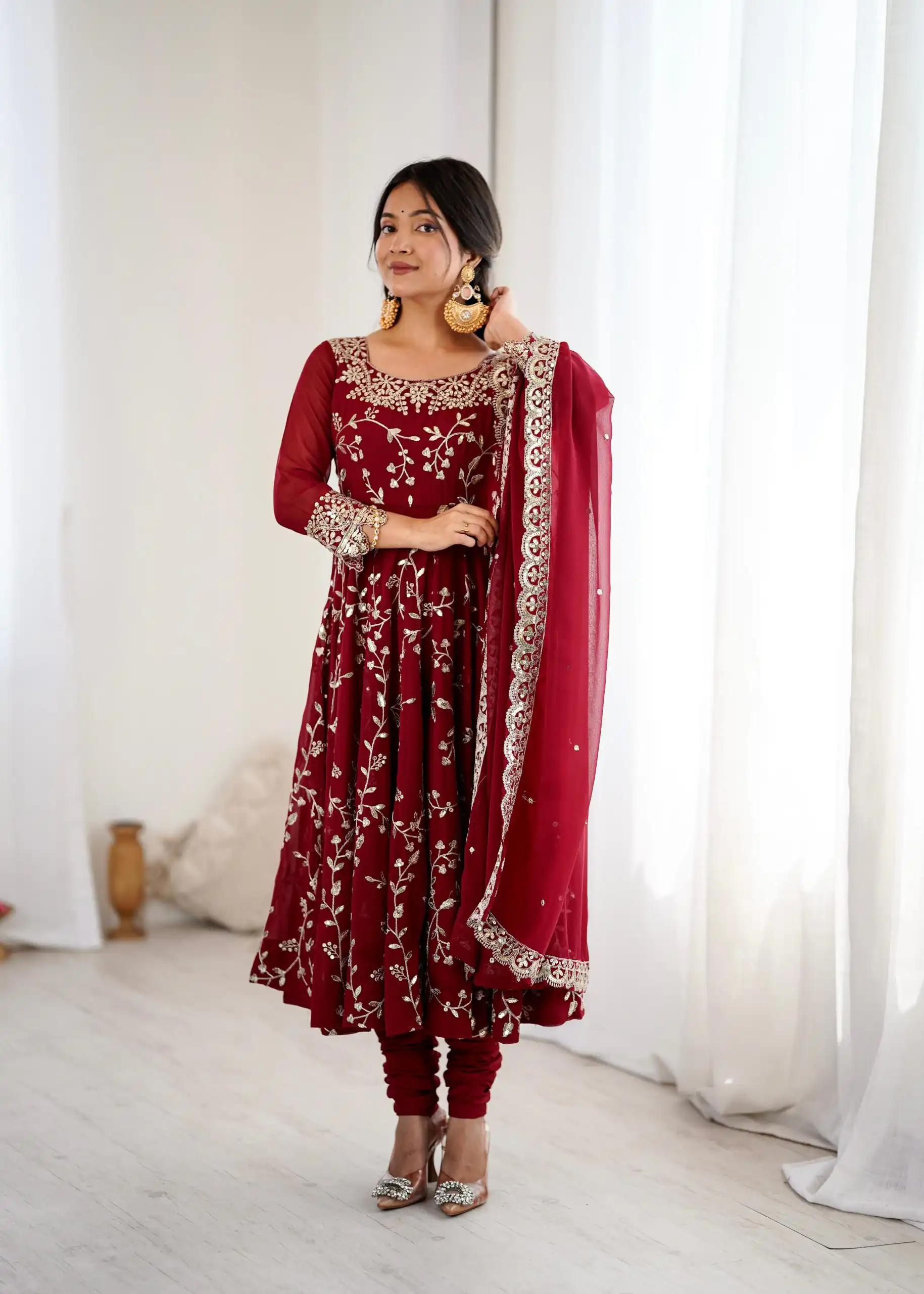 SRK 5299 Maroon Faux Georgette With Sequence Work Perfect for Wedding, Party, Temple Visit, Ganesh Chaturthi Festive, Events, 4-6 Working Days At 2149 | Gowns, Bollywood Gowns, Creative Gowns, Designer Gowns, Embroidered Gowns, Party Wear Gowns