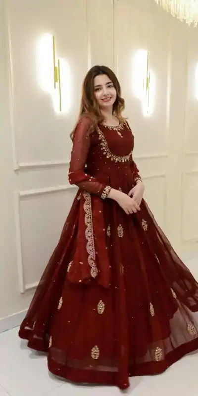 LG 2006 Maroon Georgette Gown Perfect for Wedding, Party, Engagement, Diwali, Sangeet . Exclusive Offer ₹1999. Delivery 4-6 Working Days. Shop now. | Gowns, Bollywood Gowns, Creative Gowns, Designer Gowns, Embroidered Gowns, Party Wear Gowns