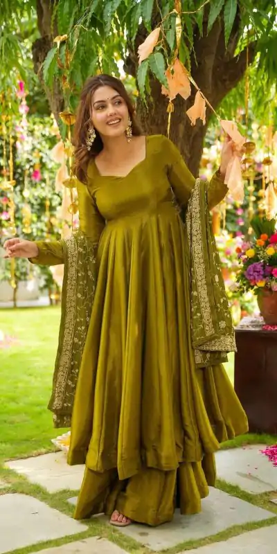 ZSR 3140 Mehandi German Chiffon With Embroidery Sequence Work With Fully Flair Gown. Wedding, Party, Festive, Events Exclusive Offer ₹2049. Deli | Gowns, Bollywood Gowns, Creative Gowns, Designer Gowns, Embroidered Gowns, Party Wear Gowns