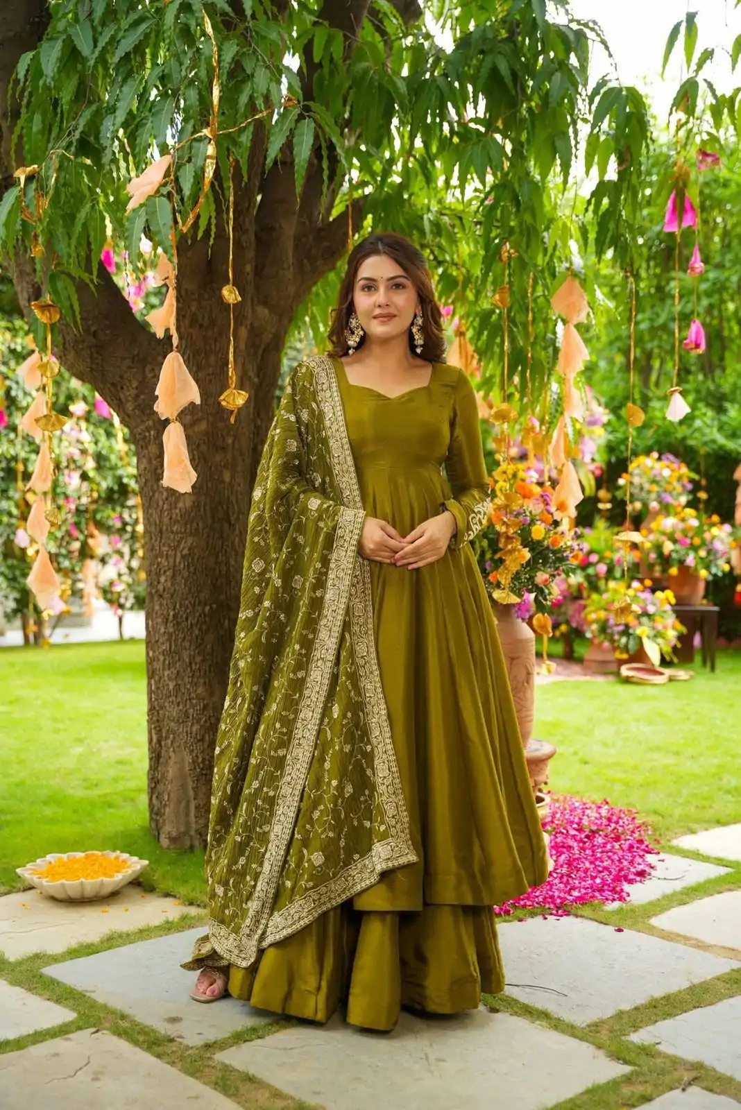 ZSR 3140 Mehandi German Chiffon With Embroidery Sequence Work With Fully Flair Gown. Wedding, Party, Festive, Events Exclusive Offer ₹2049. Deli | Gowns, Bollywood Gowns, Creative Gowns, Designer Gowns, Embroidered Gowns, Party Wear Gowns