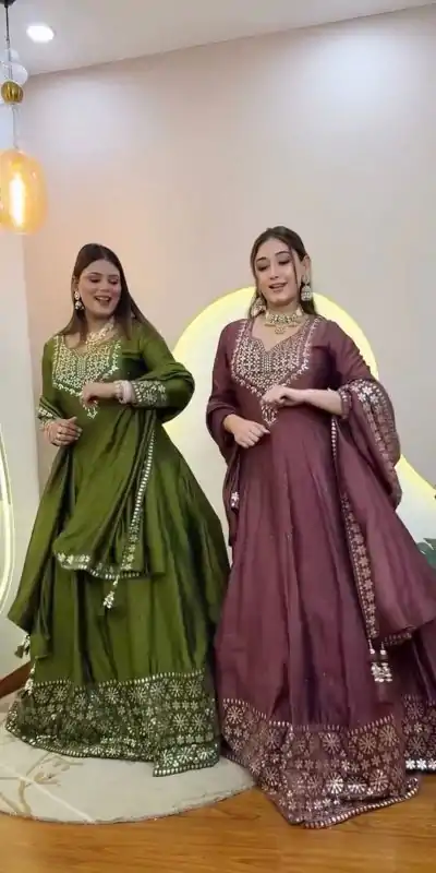 NSR 872 Mehandi Roman Simmer Silk With Fency Neck And Fecny Sleeve Gown with Embroidery Work & Lace Work. Available at ₹2449 only. Delivery 4-6 Wor | Gowns, Bollywood Gowns, Creative Gowns, Designer Gowns, Embroidered Gowns, Party Wear Gowns