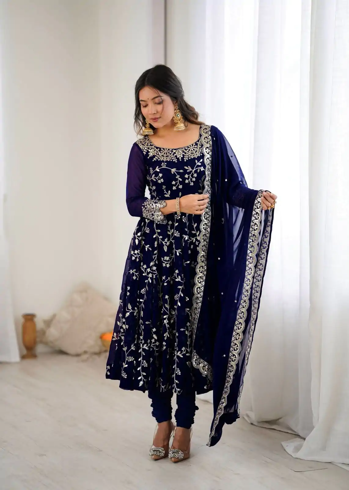 SRK 5299 Navy Blue Faux Georgette With Sequence Work Perfect for Wedding, , Lohri, Temple Visit, Ganesh Chaturthi Festive, Events, 4-6 Working Days At 2149 | Gowns, Bollywood Gowns, Creative Gowns, Designer Gowns, Embroidered Gowns, Party Wear Gowns