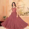 Peach Rayon Lace Work Gamthi Work Gown