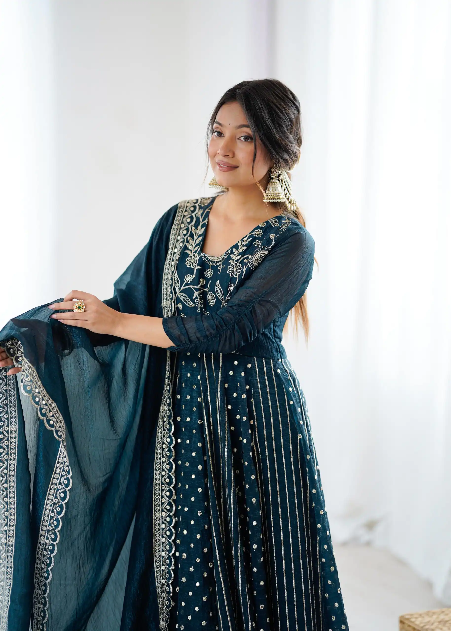 SRK 5293 Peacock Blue With Crunchy Silk With Fully Flair with Lace Work & Embroidery Work Anarkali Gown . Introductory Price ₹2149. Delivery 4-6 Worki | Gowns, Bollywood Gowns, Creative Gowns, Designer Gowns, Embroidered Gowns, Party Wear Gowns