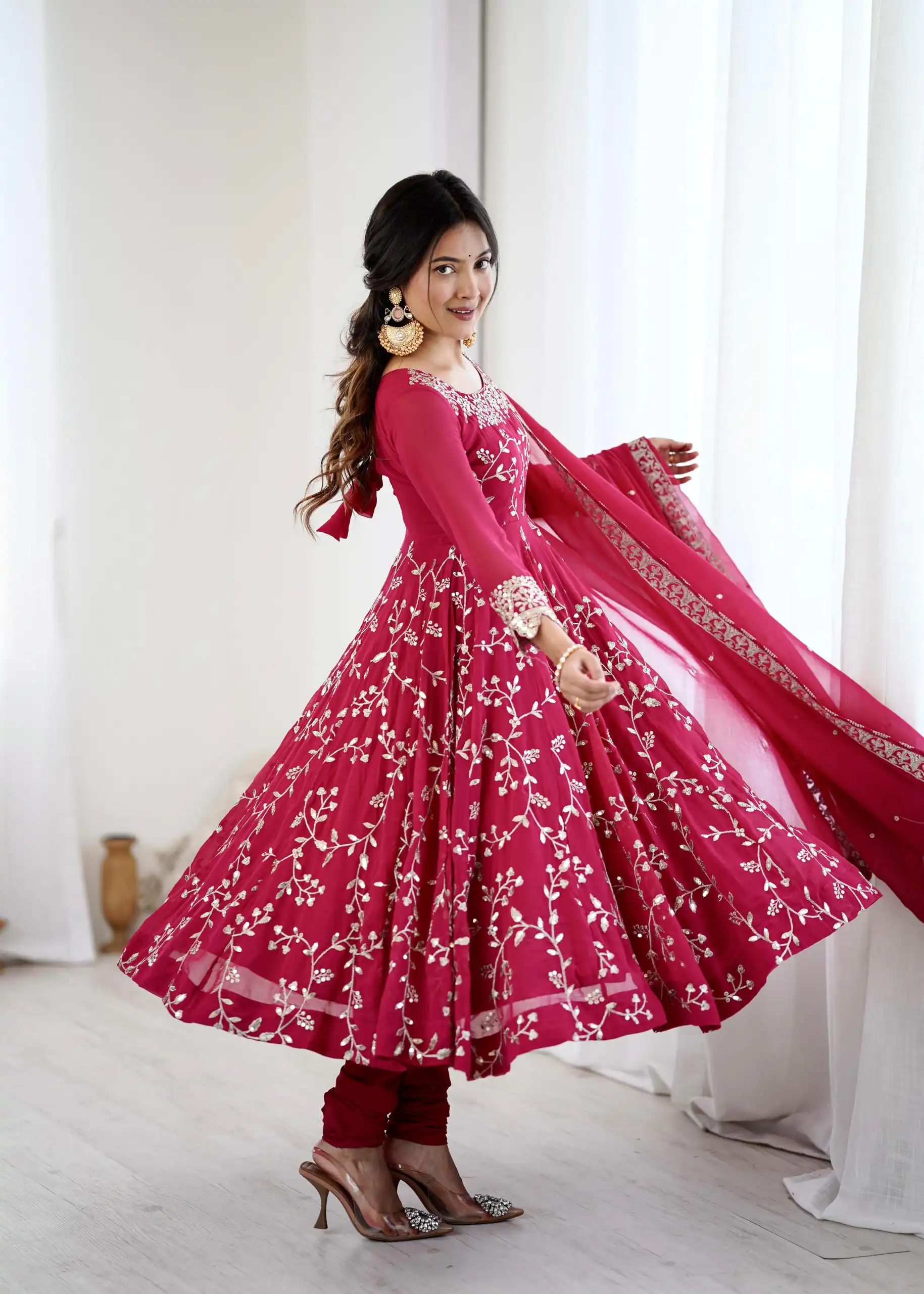 SRK 5299 Pink Faux Georgette With Sequence Work Perfect for Wedding, Party, Lohri, Temple Visit, Ganesh Chaturthi Festive, Events, 4-6 Working Days At 2149 | Gowns, Bollywood Gowns, Creative Gowns, Designer Gowns, Embroidered Gowns, Party Wear Gowns