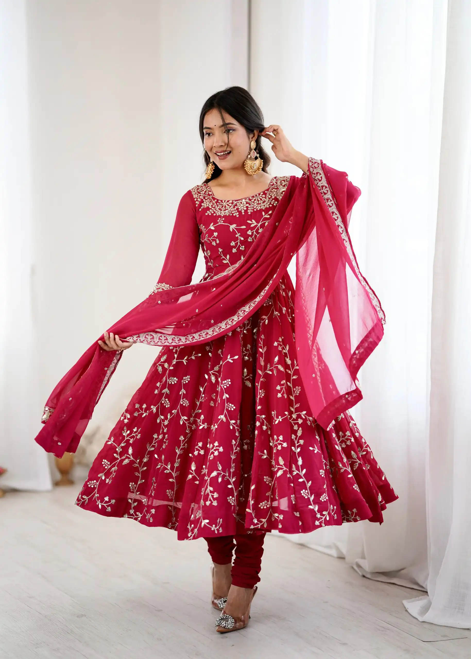 SRK 5299 Pink Faux Georgette With Sequence Work Perfect for Wedding, Party, Lohri, Temple Visit, Ganesh Chaturthi Festive, Events, 4-6 Working Days At 2149 | Gowns, Bollywood Gowns, Creative Gowns, Designer Gowns, Embroidered Gowns, Party Wear Gowns