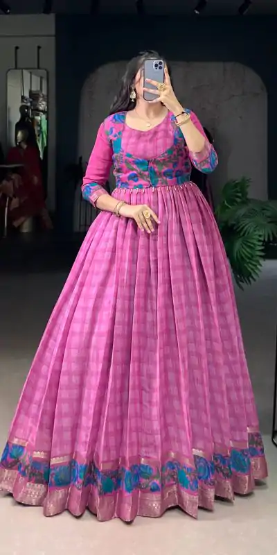 YNF 5034 Pink Polyester Viscose Chanderi Zari Work & Lace Work Gown in . Affordable Price ₹1799. Delivery 4-6 Working Days. Shop now. | Gowns, Bollywood Gowns, Creative Gowns, Designer Gowns, Embroidered Gowns, Party Wear Gowns