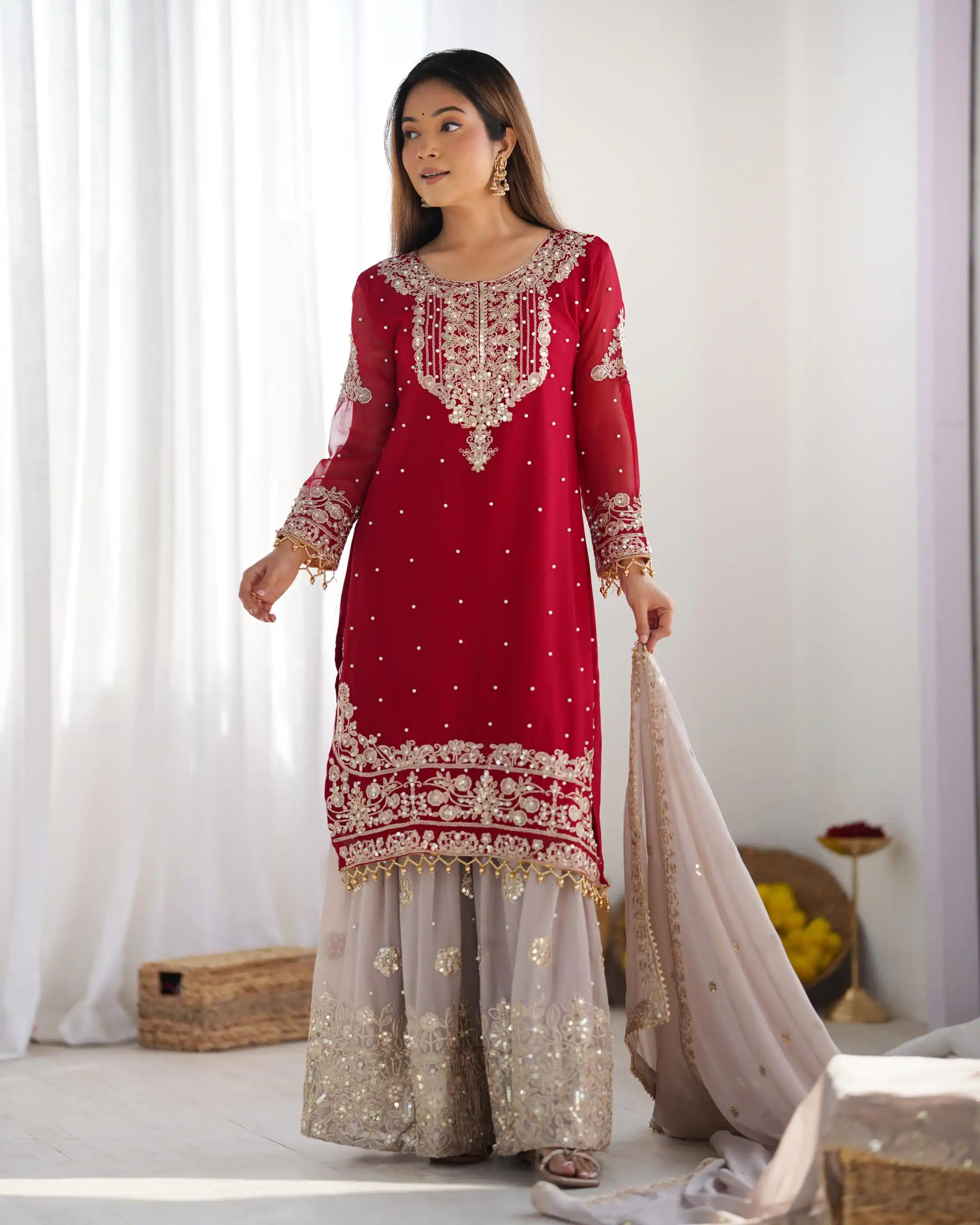 SR 1676 Red Heavy Faux Georgette With Heavy Embroidery Perfect for Wedding, Party, Ethnic Day, Reception, Diwali 4-6 Working Days At 2049/- Only | Jump Suits, Salwar suit, Casual Suits, Creative suits, Designer Suits, Palazzo Suits, Party Wear Suits, Patiala Suits, Straight Suits