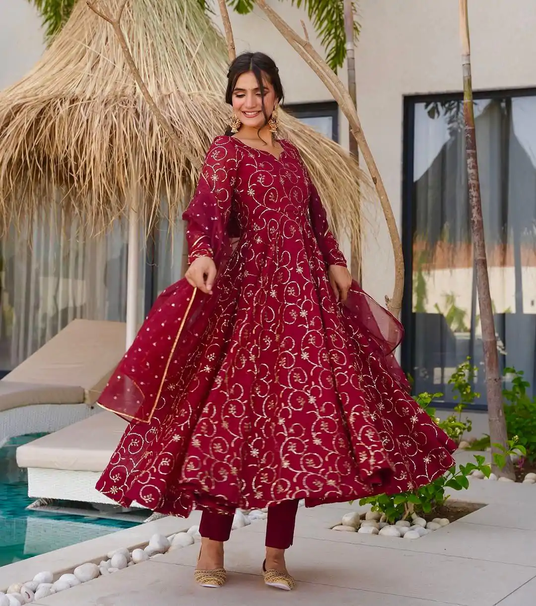 ZSR 3145 Red Faux Georgette With Embroidery Sequence Work Gown Perfect for Wedding, Party, Bridal Wear, Family Gatherings, Festival Celebrations At 2099 | Gowns, Bollywood Gowns, Creative Gowns, Designer Gowns, Embroidered Gowns, Party Wear Gowns