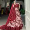 Red Tasar Silk Floral Print With Foil Print Lehenga Choli