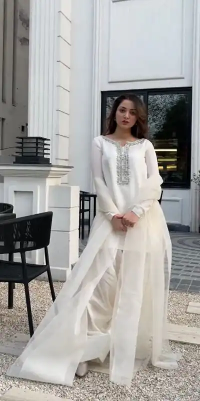 SRK 5252 White Faux Georgette Embroidery Work & Bead Work Salwar Suit . Wedding, Party, Festive, Events, Now at just ₹1499 | Jump Suits, Salwar suit, Casual Suits, Creative suits, Designer Suits, Palazzo Suits, Party Wear Suits, Patiala Suits, Straight Suits