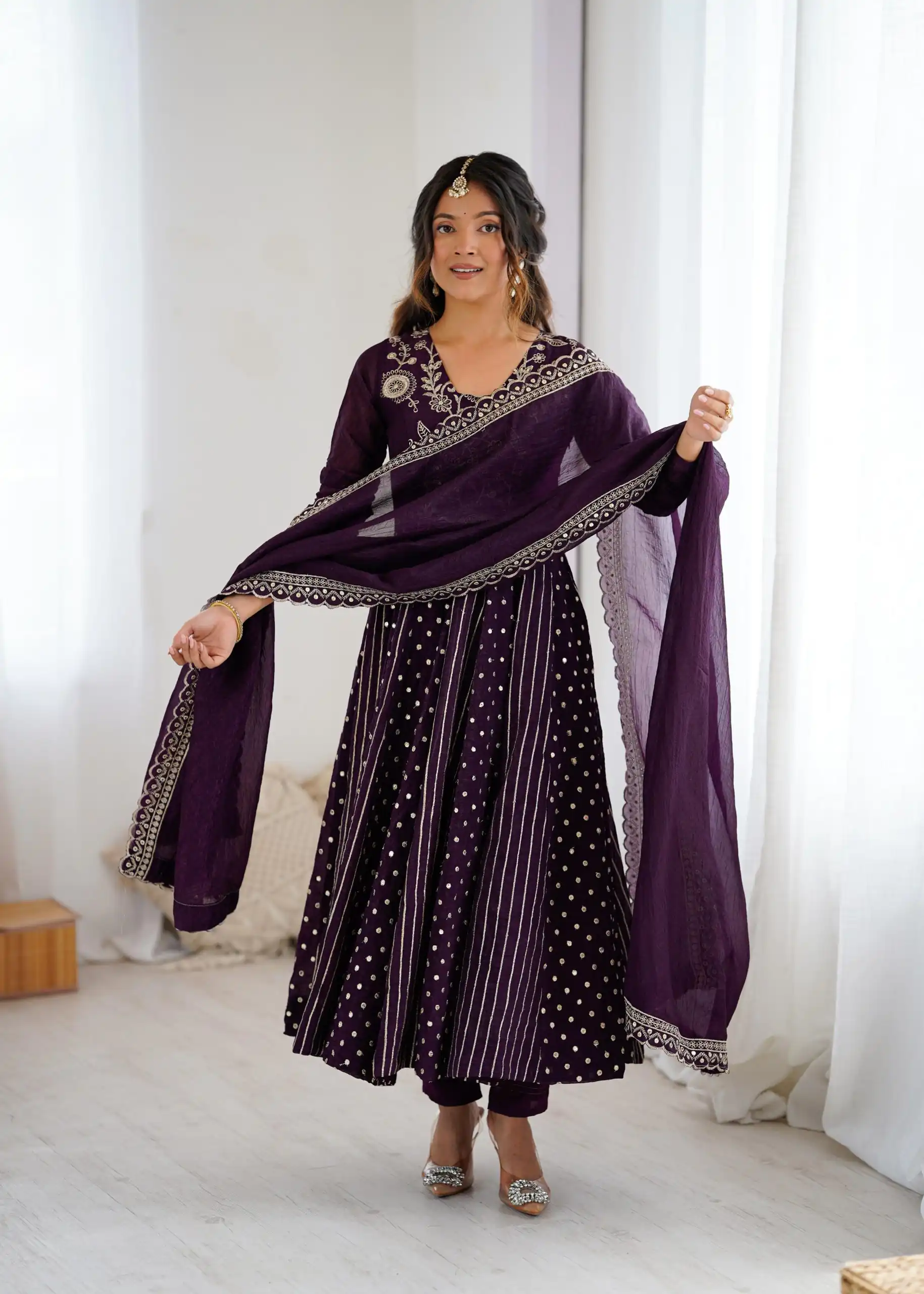 SRK 5293 Wine With Crunchy Silk With Fully Flair with Lace Work & Embroidery Work Anarkali Gown . Introductory Price ₹2149. Delivery 4-6 Worki | Gowns, Bollywood Gowns, Creative Gowns, Designer Gowns, Embroidered Gowns, Party Wear Gowns