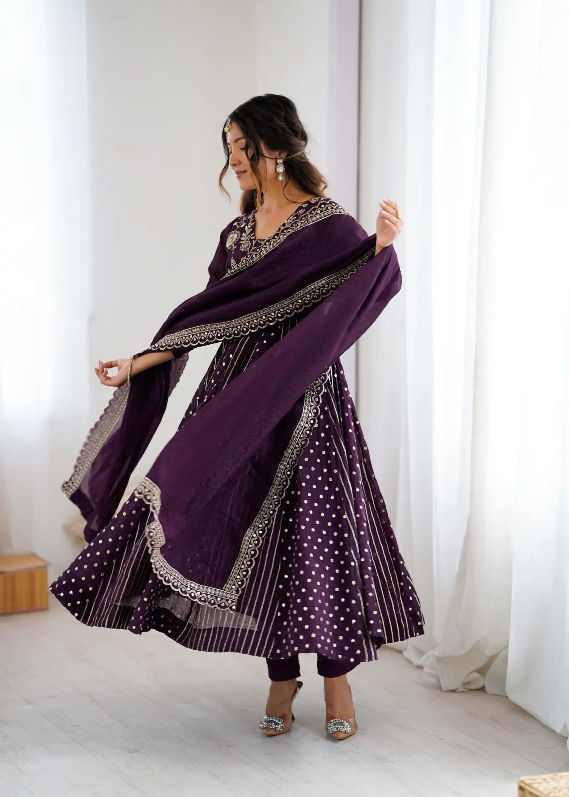 SRK 5293 Wine With Crunchy Silk With Fully Flair with Lace Work & Embroidery Work Anarkali Gown . Introductory Price ₹2149. Delivery 4-6 Worki | Gowns, Bollywood Gowns, Creative Gowns, Designer Gowns, Embroidered Gowns, Party Wear Gowns
