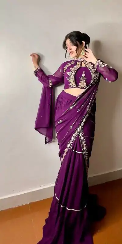 BE 280 Wine Georgette Lehenga Saree Perfect for Wedding, Party, Cultural Events, Housewarming, Ganesh Chaturthi . Affordable Price ₹2399. Delivery 4- | Lehenga, Bollywood Lehenga, Creative Lehenga, Designer Lehenga, Embroidered Lehenga, Party Wear Lehenga