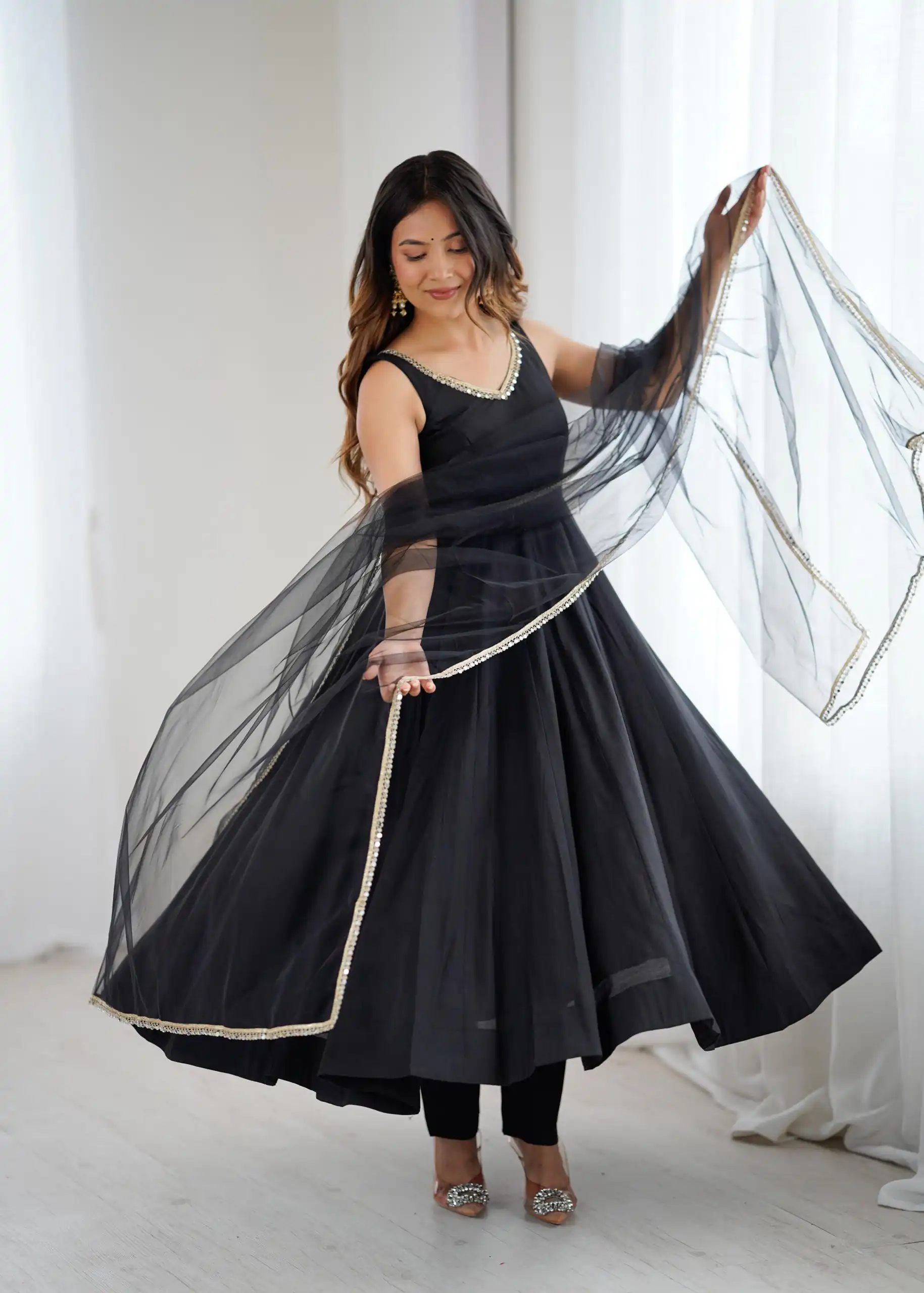 KB 285 Black in Roman Silk Chanderi Mirror Work & Lace Work Gown . Best Price ₹1929. Delivery 4-6 Working Days. Shop now. | Jump Suits, Salwar suit, Casual Suits, Creative suits, Designer Suits, Palazzo Suits, Party Wear Suits, Patiala Suits, Straight Suits