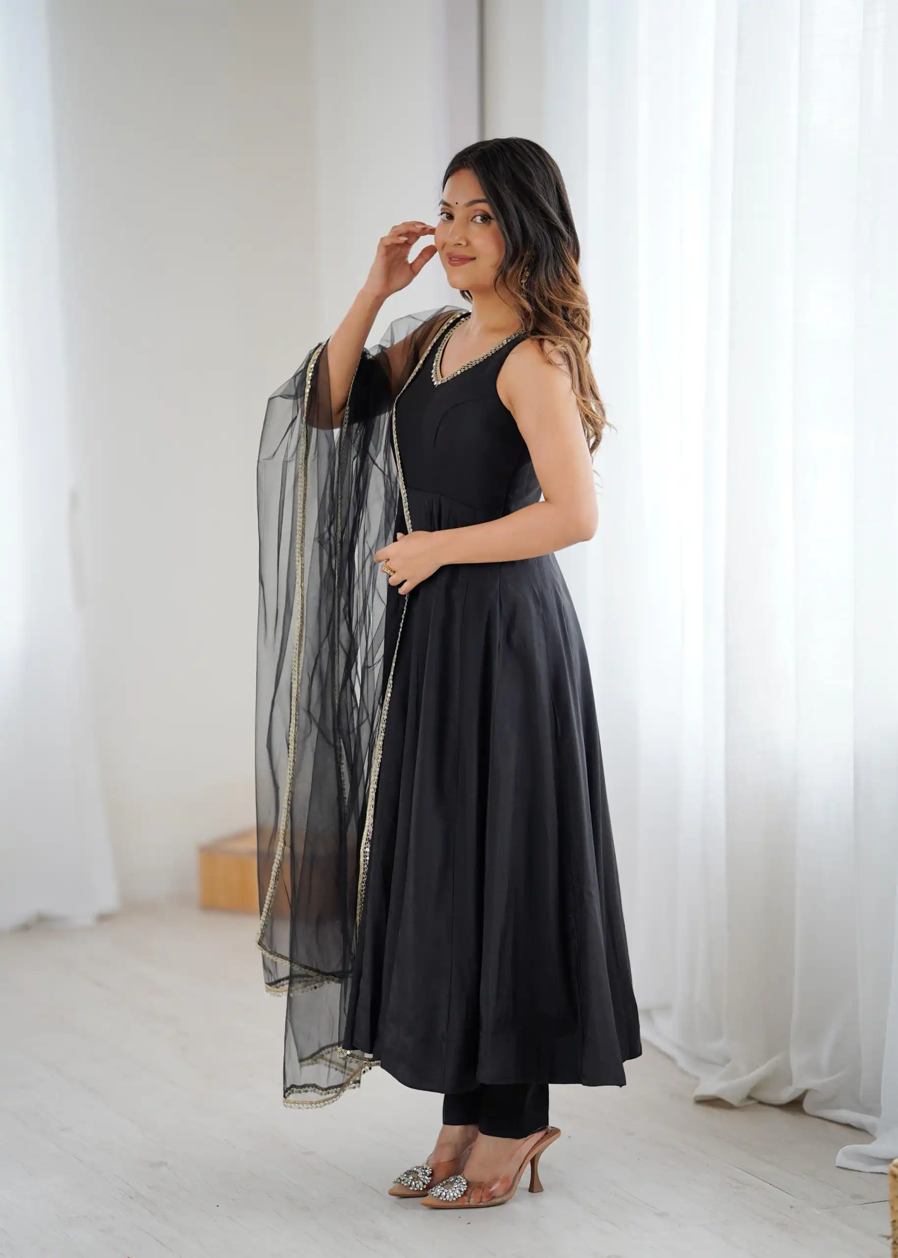 KB 285 Black in Roman Silk Chanderi Mirror Work & Lace Work Gown . Best Price ₹1929. Delivery 4-6 Working Days. Shop now. | Jump Suits, Salwar suit, Casual Suits, Creative suits, Designer Suits, Palazzo Suits, Party Wear Suits, Patiala Suits, Straight Suits