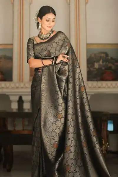 KPR 231 Black Soft Lichi Silk Saree with Designer Work. Wedding, Party, Festive, Events, Festive Deal ₹1449. Delivery 4-6 Working Days. Shop now. | Sarees, Bollywood Sarees, Creative Sarees, Designer Sarees, Embroidered Sarees, Ethnic Saree, Modern Digital sarees, Party Wear Sarees
