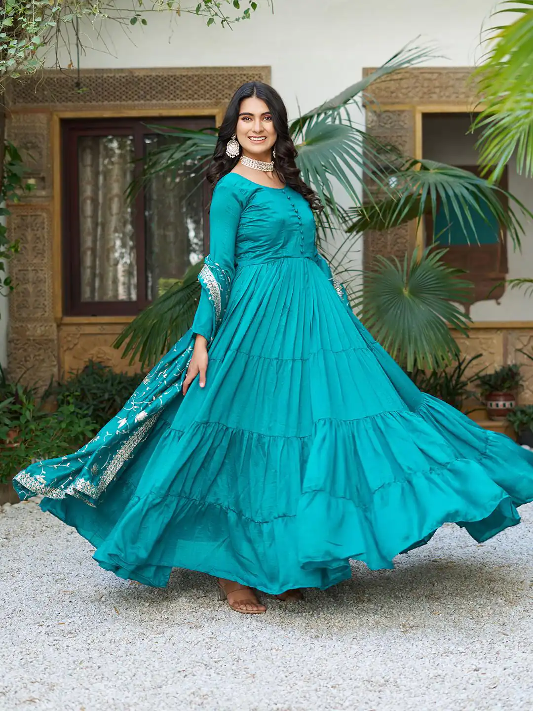 106 Firozi Color Vichitra Silk Gown Ram with Embroidery Work. Exclusive Offer ₹2049. Delivery 4-6 Working Days. Shop now. | Jump Suits, Salwar suit, Casual Suits, Creative suits, Designer Suits, Palazzo Suits, Party Wear Suits, Patiala Suits, Straight Suits