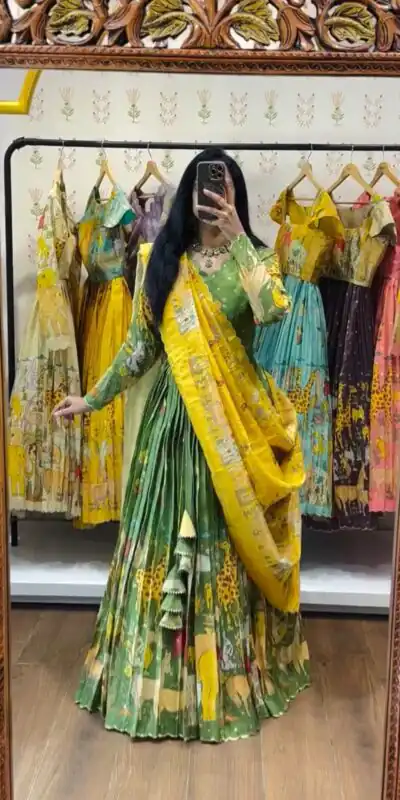 PC 539 Green Color Cotton Lehenga Choli with Kalamkari Print. Exclusive Offer ₹2049. Delivery 4-6 Working Days. Shop now. | Lehenga, Bollywood Lehenga, Creative Lehenga, Designer Lehenga, Embroidered Lehenga, Party Wear Lehenga