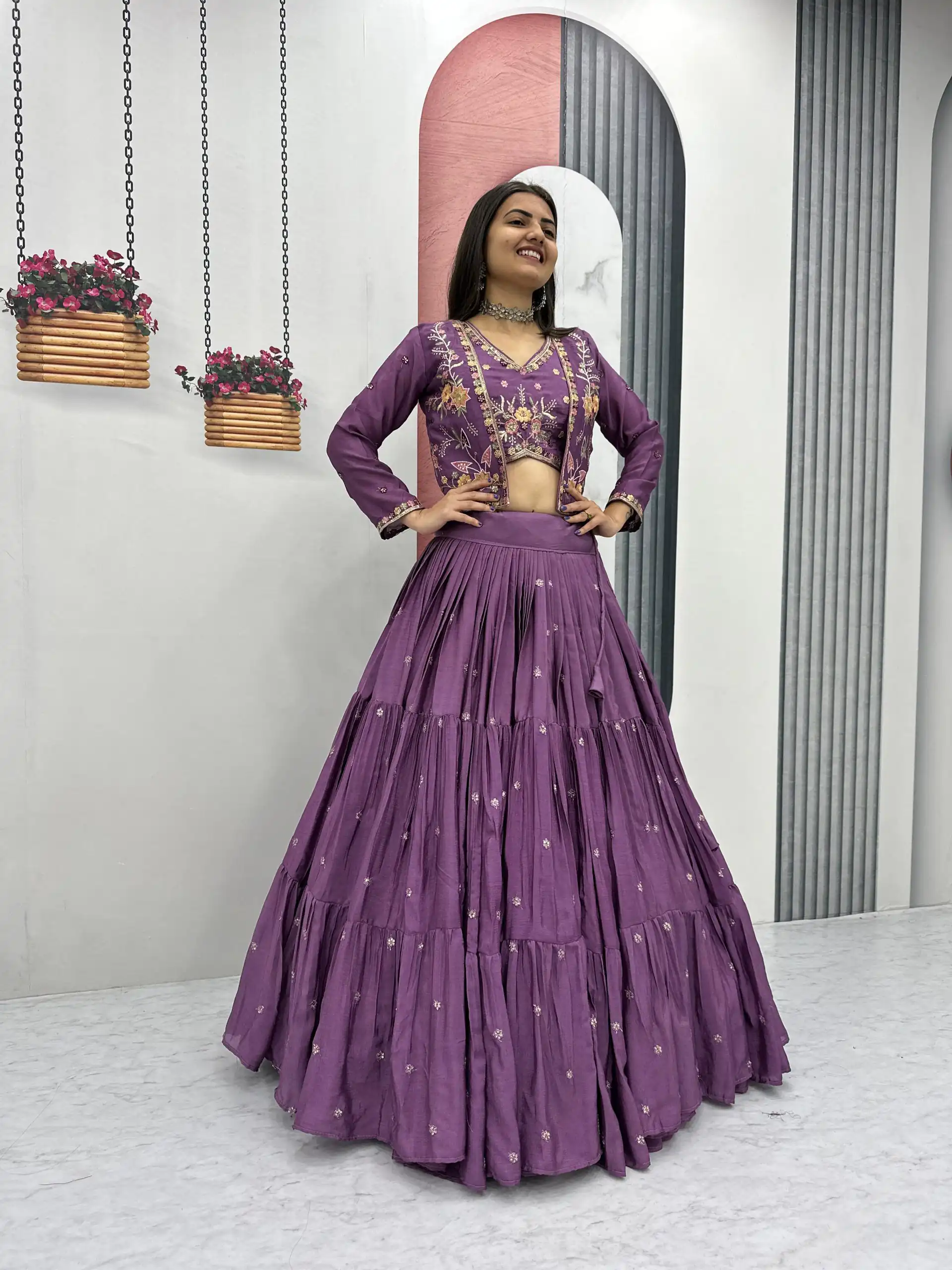 PC 538 Lavender in Lavender Chinon Thread & Embroidery Work Lehenga Choli . Exclusive Offer ₹2649. Delivery 4-6 Working Days. Shop now. | Lehenga, Bollywood Lehenga, Creative Lehenga, Designer Lehenga, Embroidered Lehenga, Party Wear Lehenga