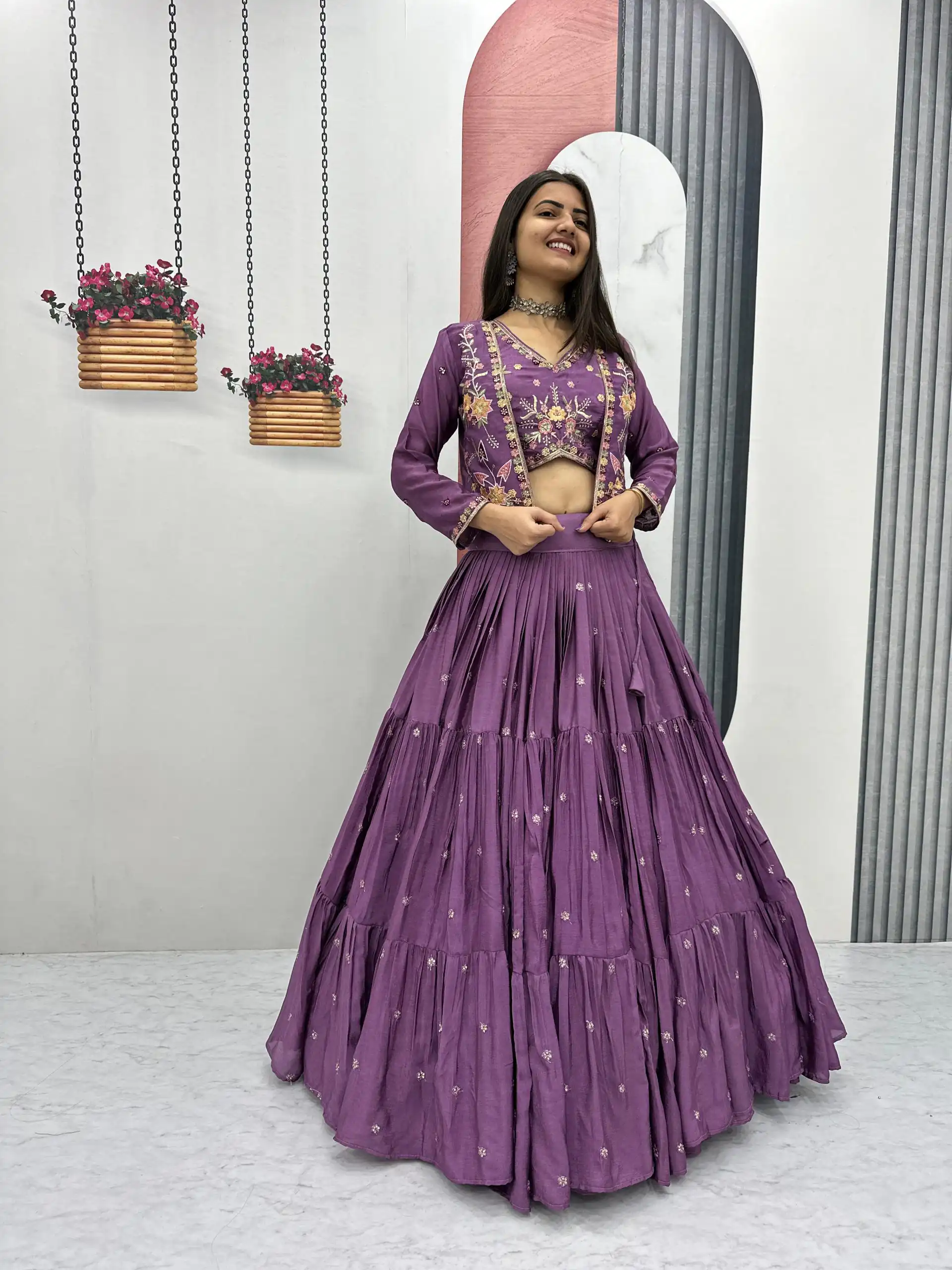 PC 538 Lavender in Lavender Chinon Thread & Embroidery Work Lehenga Choli . Exclusive Offer ₹2649. Delivery 4-6 Working Days. Shop now. | Lehenga, Bollywood Lehenga, Creative Lehenga, Designer Lehenga, Embroidered Lehenga, Party Wear Lehenga