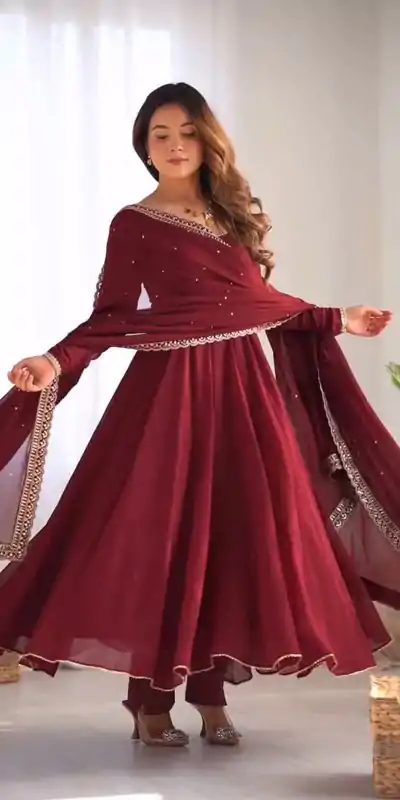 SRK 5222 Maroon in Faux Georgette Lace Work & Embroidery Work Salwar Suit . Grab it for ₹1849. Delivery 4-6 Working Days. Shop now. | Jump Suits, Salwar suit, Casual Suits, Creative suits, Designer Suits, Palazzo Suits, Party Wear Suits, Patiala Suits, Straight Suits