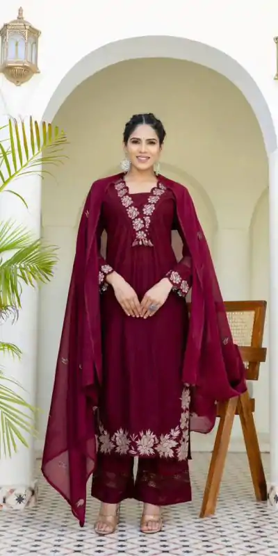 BE 385 Maroon Color Rayon Slub Cotton Embroidery Wor Salwar Suit Casual, Wedding, Festive, Events . Expected Delivery 4-6 Working Days @1899/- only | Jump Suits, Salwar suit, Casual Suits, Creative suits, Designer Suits, Palazzo Suits, Party Wear Suits, Patiala Suits, Straight Suits