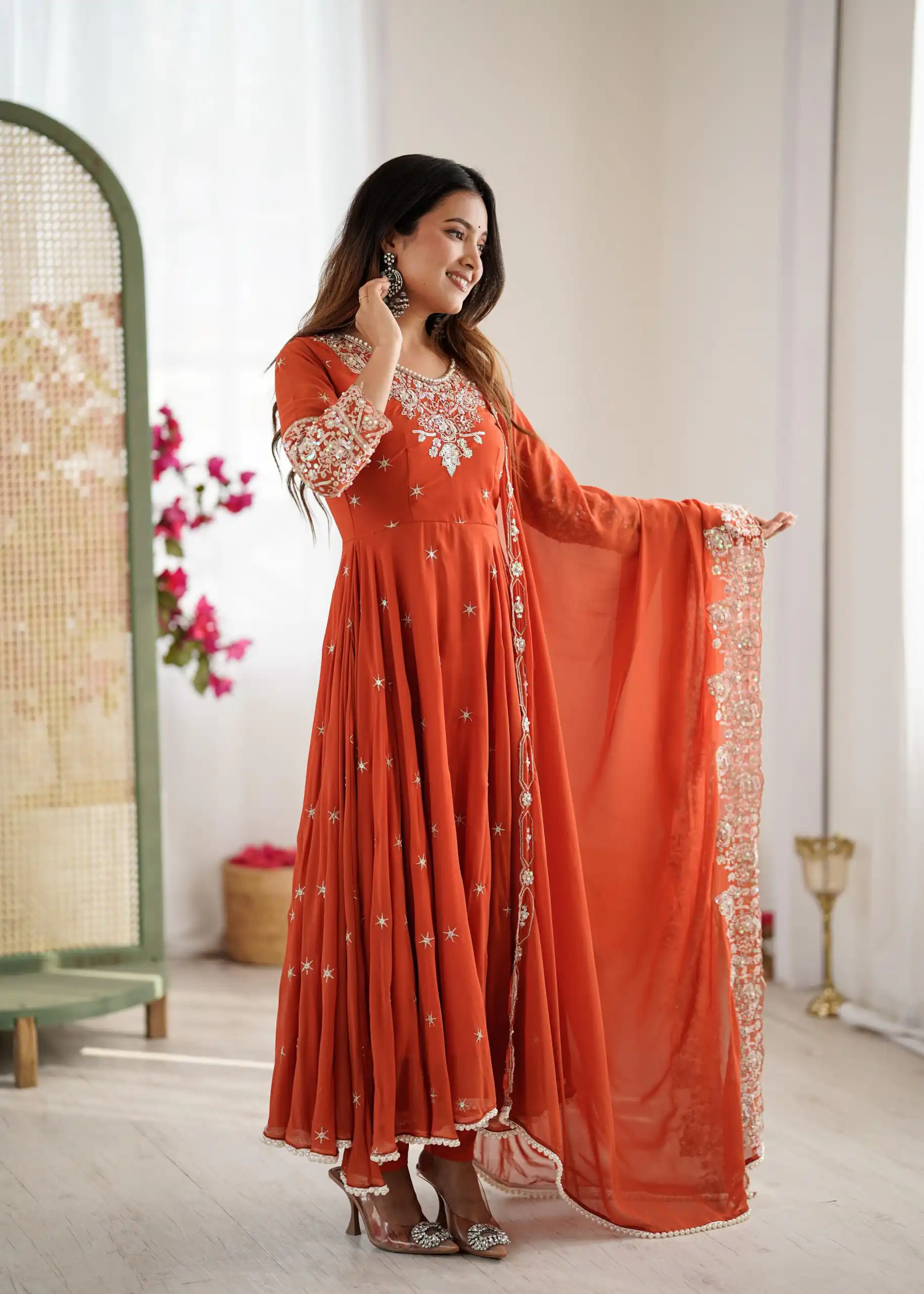 ZF 5012 Orange Blooming Faux Gown with Embroidery Work. Wedding, Party, Festive, Events Grab it for ₹2149. Delivery 4-6 Working Days. Shop now. | Lehenga, Bollywood Lehenga, Creative Lehenga, Designer Lehenga, Embroidered Lehenga, Party Wear Lehenga