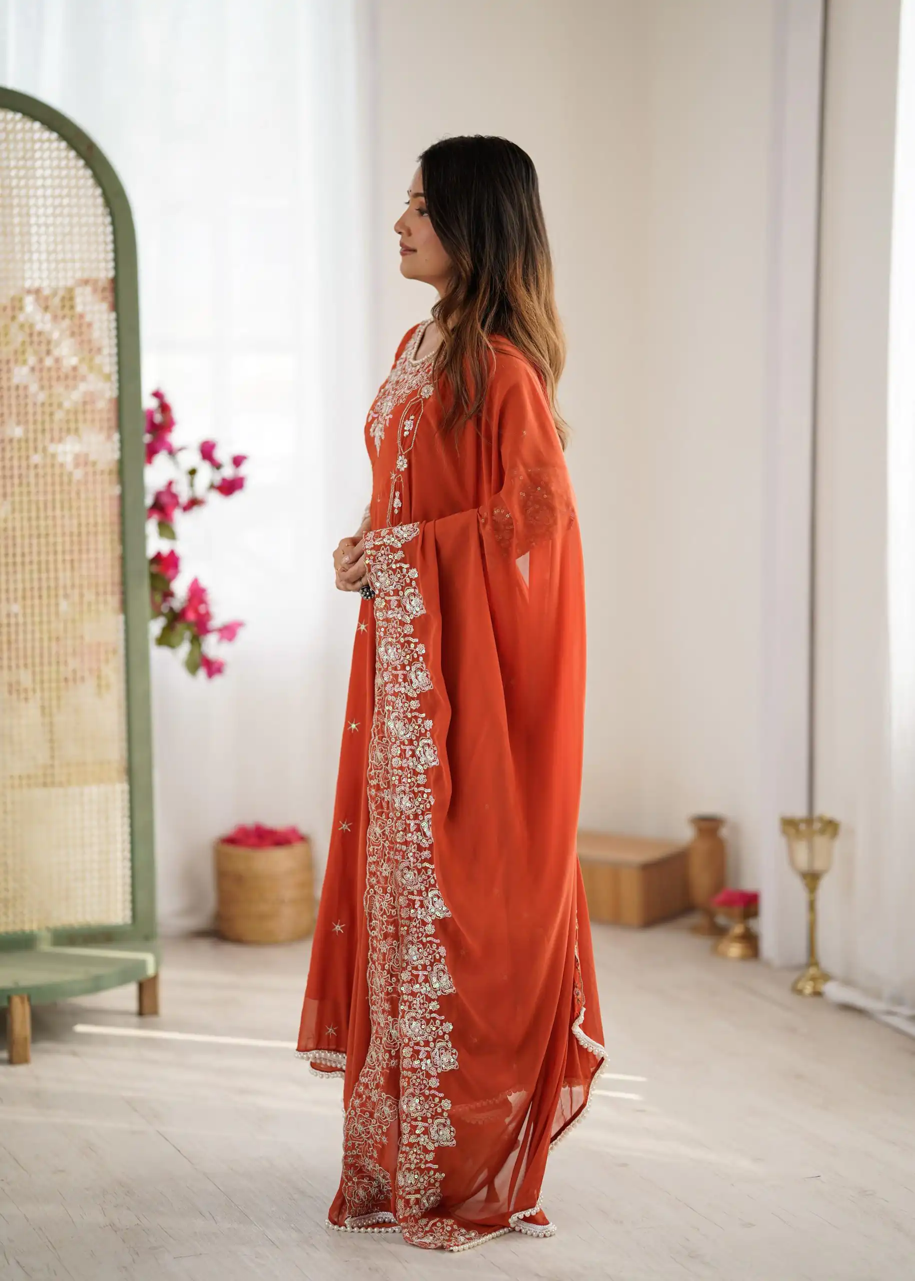 ZF 5012 Orange Blooming Faux Gown with Embroidery Work. Wedding, Party, Festive, Events Grab it for ₹2149. Delivery 4-6 Working Days. Shop now. | Lehenga, Bollywood Lehenga, Creative Lehenga, Designer Lehenga, Embroidered Lehenga, Party Wear Lehenga