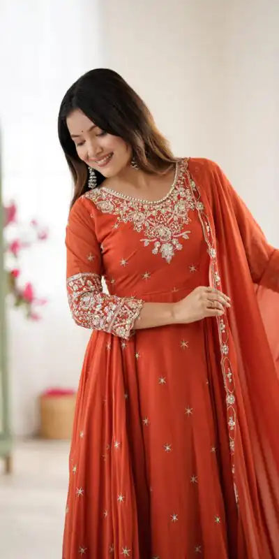 ZF 5012 Orange Blooming Faux Gown with Embroidery Work. Wedding, Party, Festive, Events Grab it for ₹2149. Delivery 4-6 Working Days. Shop now. | Lehenga, Bollywood Lehenga, Creative Lehenga, Designer Lehenga, Embroidered Lehenga, Party Wear Lehenga