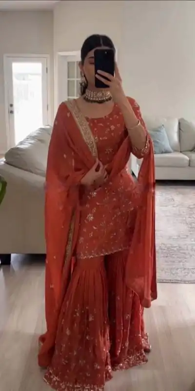 SRK 5303 Orange in Faux Georgette Lace Work & Embroidery Work Salwar Suit . Festive Deal ₹1999. Delivery 4-6 Working Days. Shop now. | Gowns, Bollywood Gowns, Creative Gowns, Designer Gowns, Embroidered Gowns, Party Wear Gowns