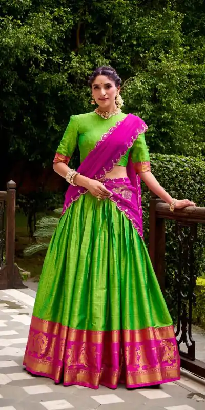 LNB 2028 Parrot Green Embroidery Work & Zari Work Lehenga Choli in Cream Poly Cotton. Available at ₹1999 only. Delivery 4-6 Working Days. Shop now. | Lehenga, Bollywood Lehenga, Creative Lehenga, Designer Lehenga, Embroidered Lehenga, Party Wear Lehenga