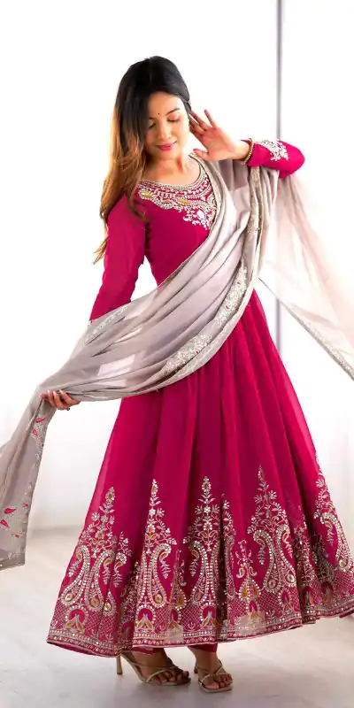 ZF 5008 Pink Georgette Gown with Embroidery Work. Wedding, Party, Festive, Events, Special Price ₹2049. Delivery 4-6 Working Days. Shop now. | Jump Suits, Salwar suit, Casual Suits, Creative suits, Designer Suits, Palazzo Suits, Party Wear Suits, Patiala Suits, Straight Suits
