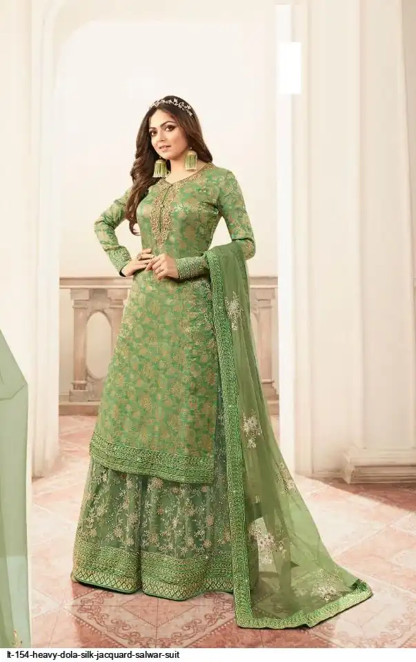 FC L.t 5401 Pista Color Jacquard Silk Georgette Diamond Sharara Suit Wedding, Party, Festive Expected Delivery 4-6 Working Days @2999/- | Jump Suits, Salwar suit, Casual Suits, Creative suits, Designer Suits, Palazzo Suits, Party Wear Suits, Patiala Suits, Straight Suits