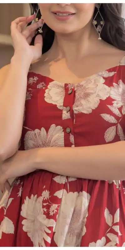 INLI Coral Red Color Cotton With Printed Designer Work Gown . Wedding, Party, Festive, Events, Grab it for ₹1449. Delivery 4-6 Working Days. Shop now. | Gowns, Bollywood Gowns, Creative Gowns, Designer Gowns, Embroidered Gowns, Party Wear Gowns