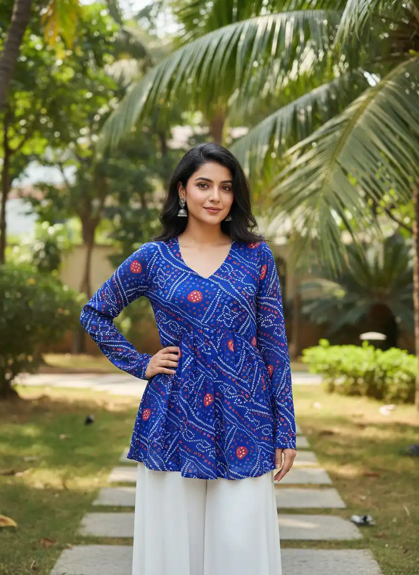 INLI Bandhej Royal Blue Color Pure Georgette Kurti with Designer Work. Best Price ₹1349. Delivery 4-6 Working Days. Shop now. | Kurti, Bollywood Kurti, Creative Kurtis, Designer Kurti, Party Wear Kurti, Selfie Kurti