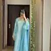 Sky Blue Moss Satin Embroidery Bead Work Salwar Suit