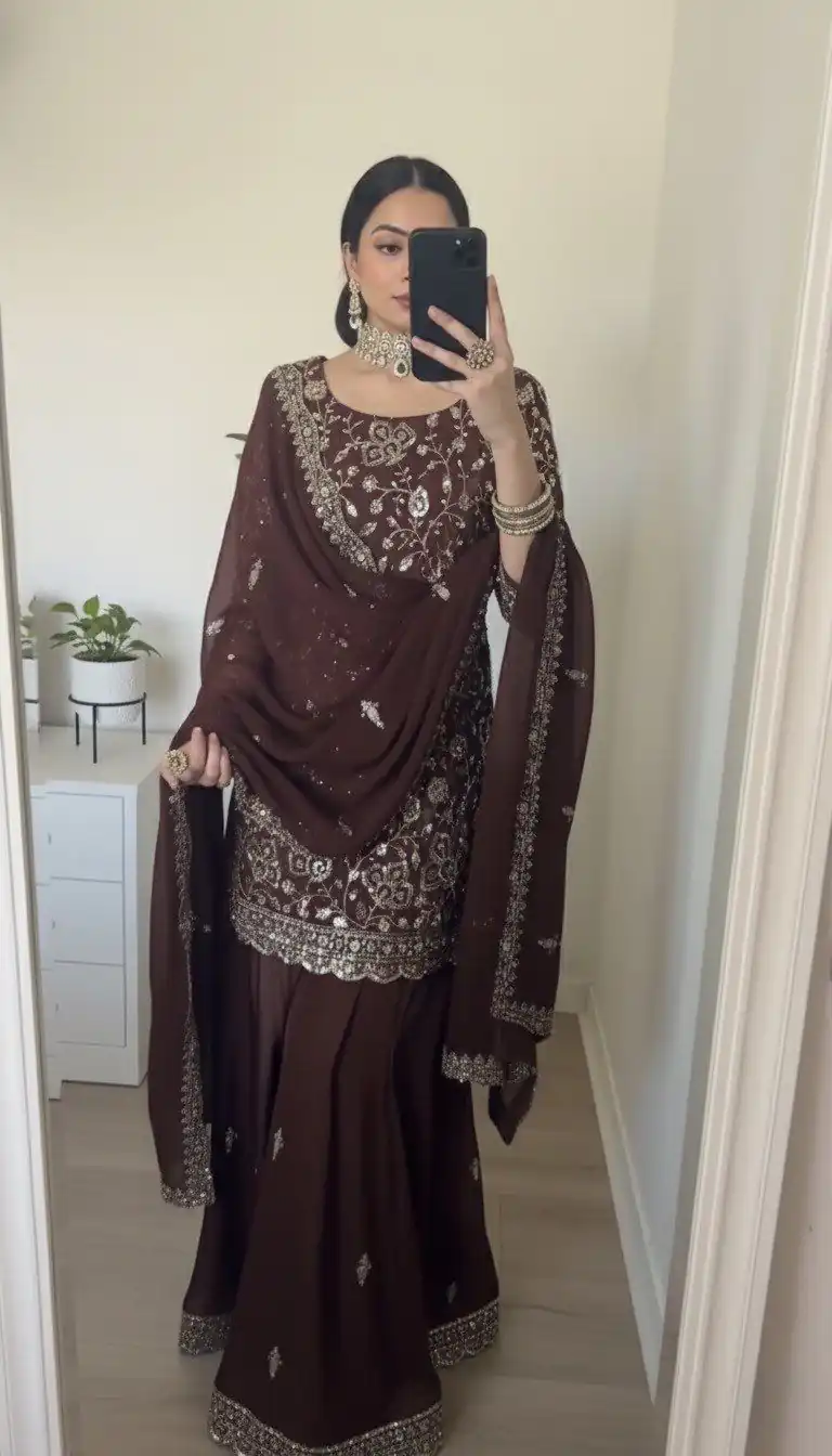 SRK 5304 Brown Heavy Faux Georgette Salwar Suit Perfect for Wedding, Party, Pooja, Makar Sankranti, Sangeet – . Affordable Price ₹1999. Delivery 4-6 W | Jump Suits, Tops & Bottoms, Track Suits, Salwar suit, Casual Suits, Creative suits, Designer Suits, Palazzo Suits, Party Wear Suits, Patiala Suits, Straight Suits, Trendy Wear