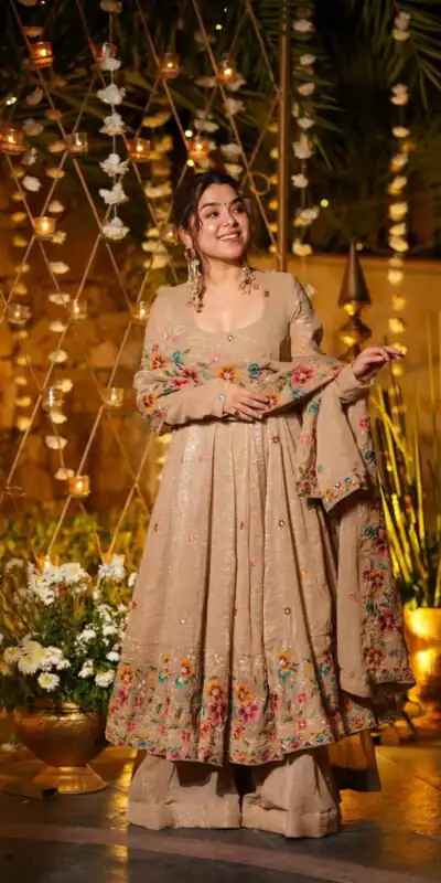 NSR 880 Cream Crunchy Silk Gown with Embroidery Work. Wedding, Party, Festive, Events Grab it for ₹2249. Delivery 4-6 Working Days. Shop now. | Gowns, Bollywood Gowns, Creative Gowns, Designer Gowns, Embroidered Gowns, Party Wear Gowns