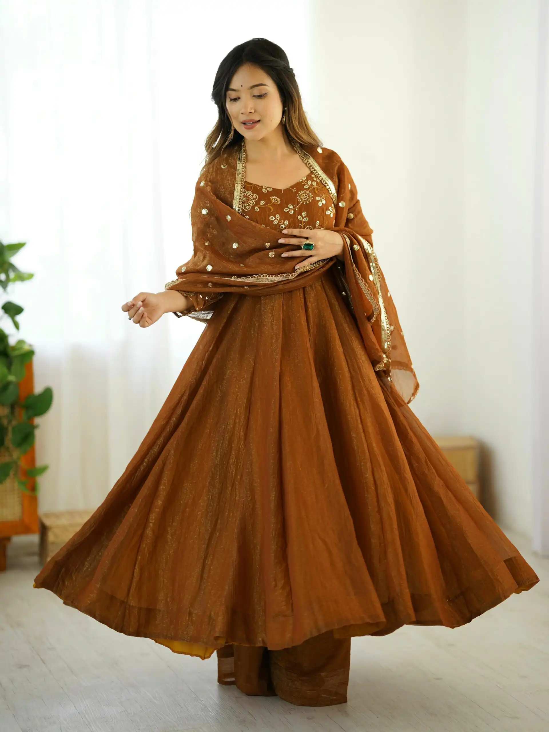 SRK 5290 Mustered Crunchy Silk Gown Perfect for Wedding, Party, Pongal, Traditional Day, Reception Get it for ₹1999. Delivery 4-6 Working Days. Shop now. | Gowns, Bollywood Gowns, Creative Gowns, Designer Gowns, Embroidered Gowns, Party Wear Gowns