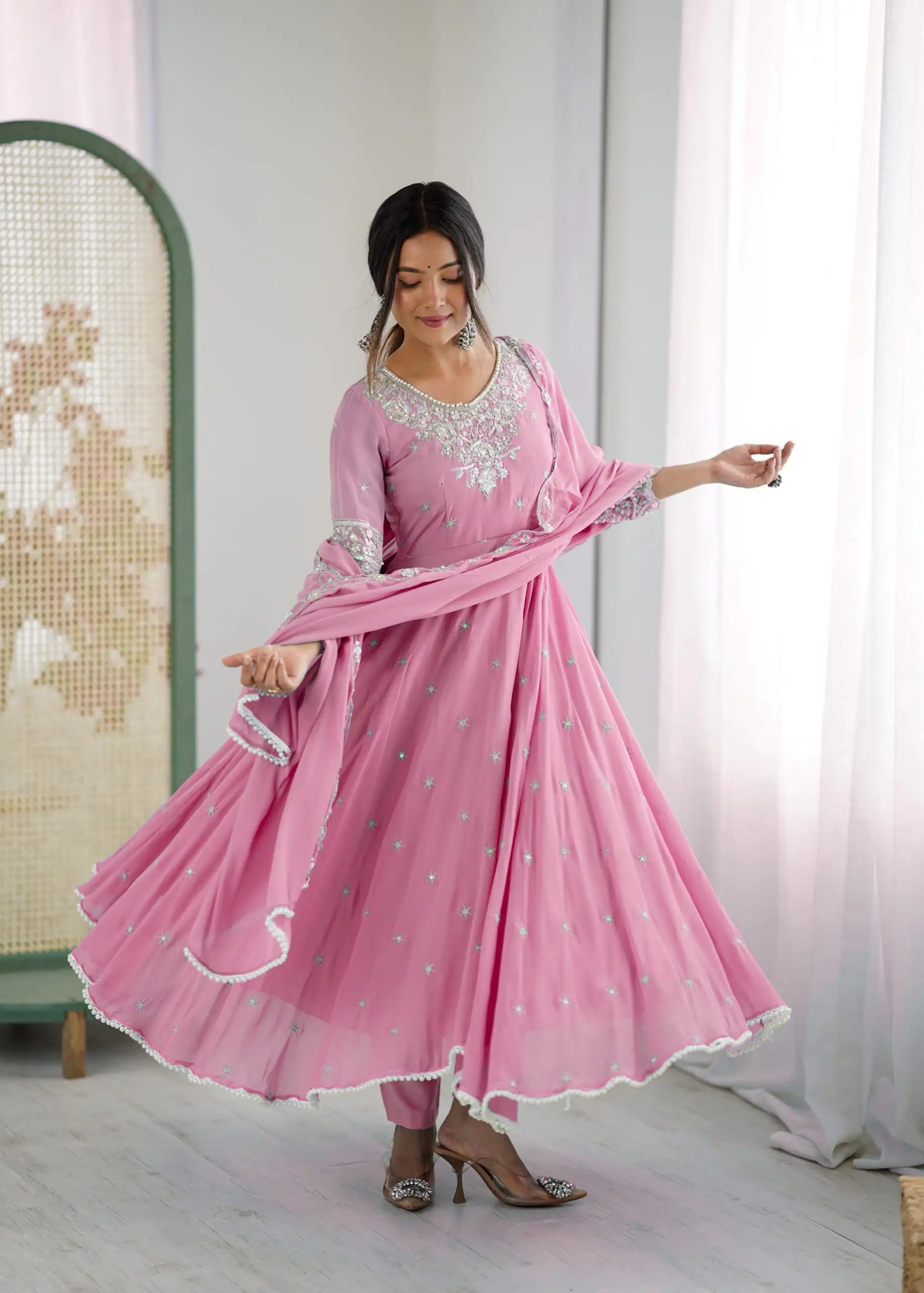ZF 5012 Pink Blooming Faux Gown with Embroidery Work. Wedding, Party, Festive, Events Grab it for ₹2149. Delivery 4-6 Working Days. Shop now. | Lehenga, Bollywood Lehenga, Creative Lehenga, Designer Lehenga, Embroidered Lehenga, Party Wear Lehenga