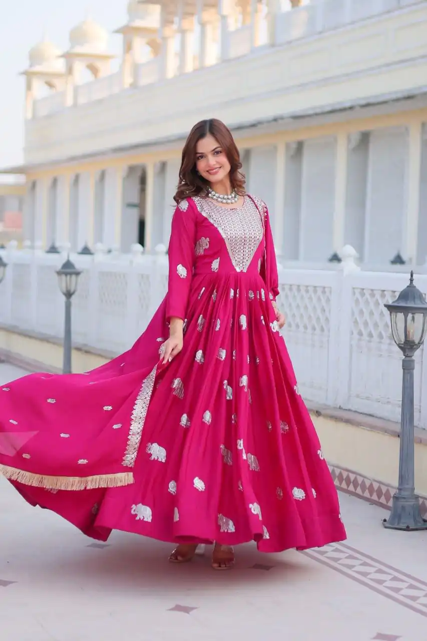 Ram 062 Pink Fox Georgette Gown Perfect for Wedding, Party, Family Gatherings, Durga Puja, Eid – . Festive Deal ₹1799. Delivery 4-6 Working Days. Shop no | Gowns, Bollywood Gowns, Creative Gowns, Designer Gowns, Embroidered Gowns, Party Wear Gowns