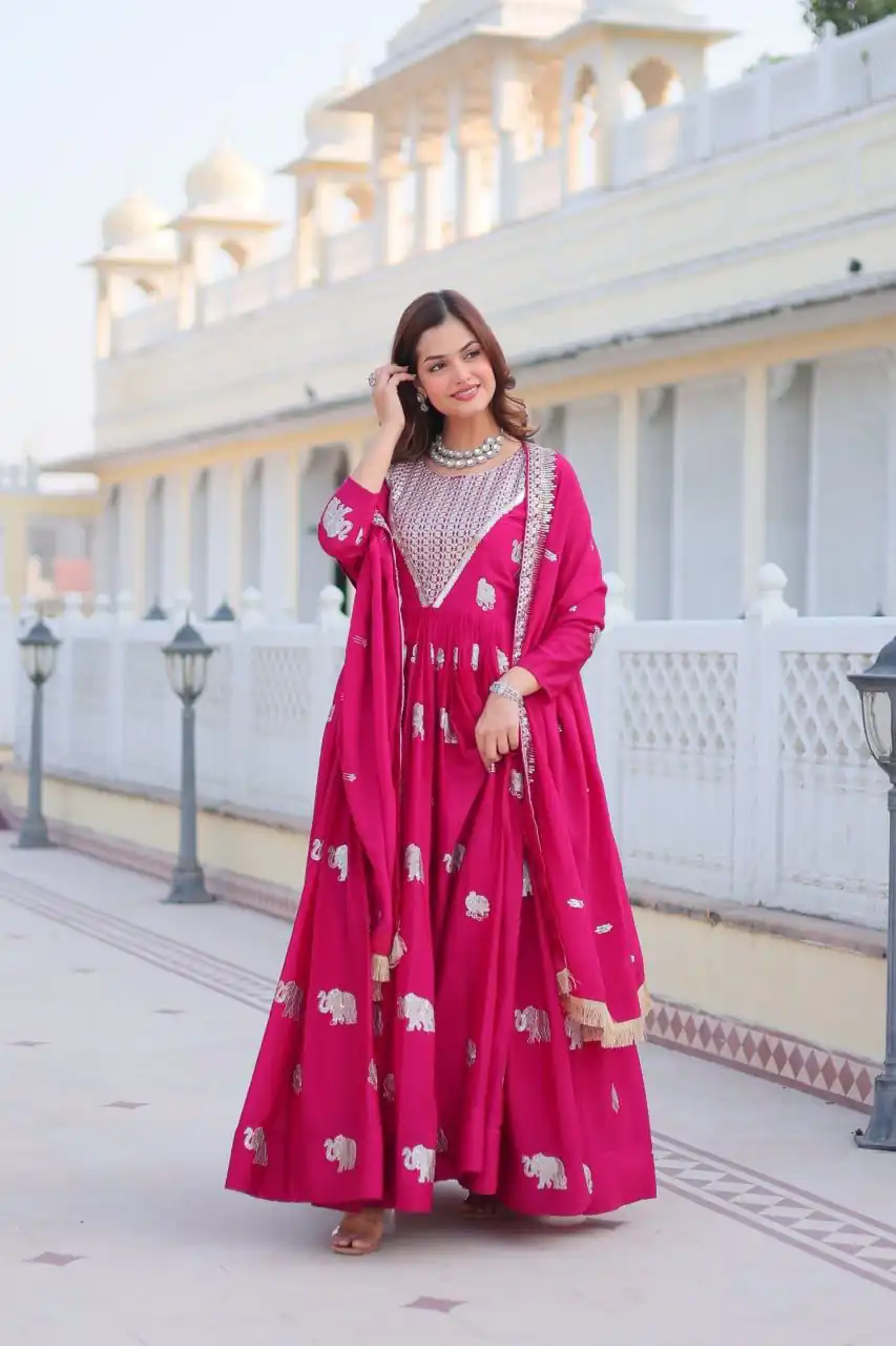 Ram 062 Pink Fox Georgette Gown Perfect for Wedding, Party, Family Gatherings, Durga Puja, Eid – . Festive Deal ₹1799. Delivery 4-6 Working Days. Shop no | Gowns, Bollywood Gowns, Creative Gowns, Designer Gowns, Embroidered Gowns, Party Wear Gowns