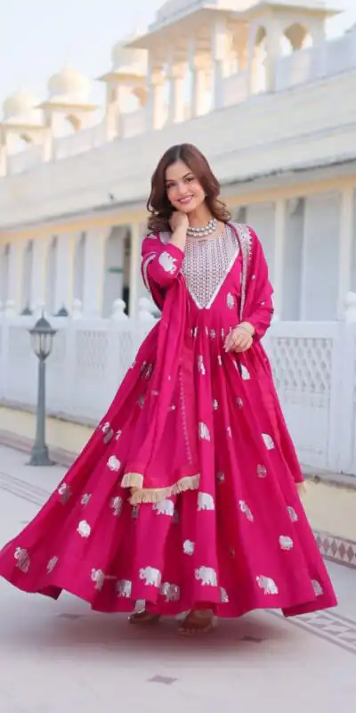 Ram 062 Pink Fox Georgette Gown Perfect for Wedding, Party, Family Gatherings, Durga Puja, Eid – . Festive Deal ₹1799. Delivery 4-6 Working Days. Shop no | Gowns, Bollywood Gowns, Creative Gowns, Designer Gowns, Embroidered Gowns, Party Wear Gowns