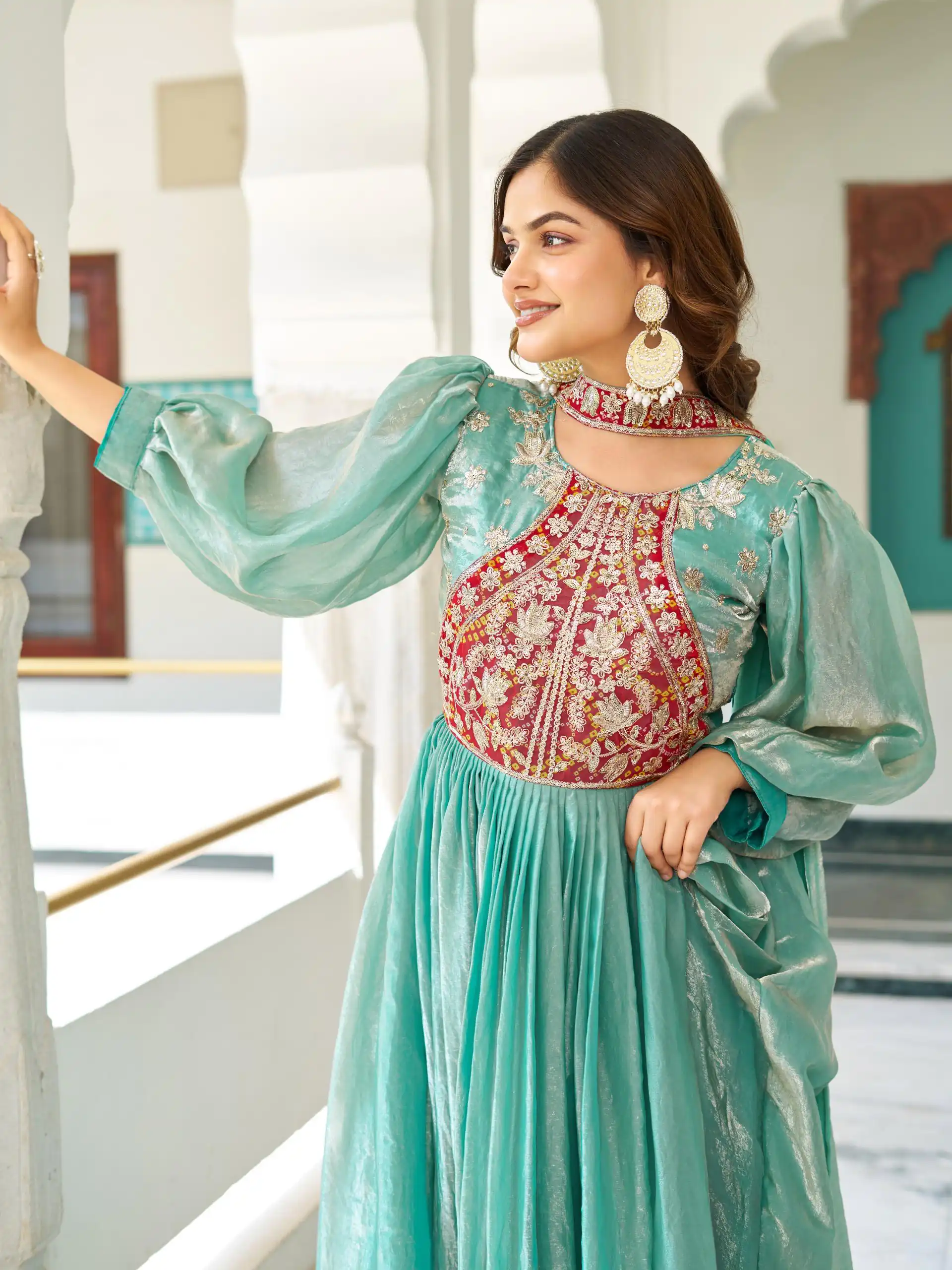 Ram 146 Pista Fendy Silk Gown With Embroidery Work. Special Price ₹2049. Wedding, Party, Festive, Events, Delivery 4-6 Working Days. Shop now. | Gowns, Bollywood Gowns, Creative Gowns, Designer Gowns, Embroidered Gowns, Party Wear Gowns