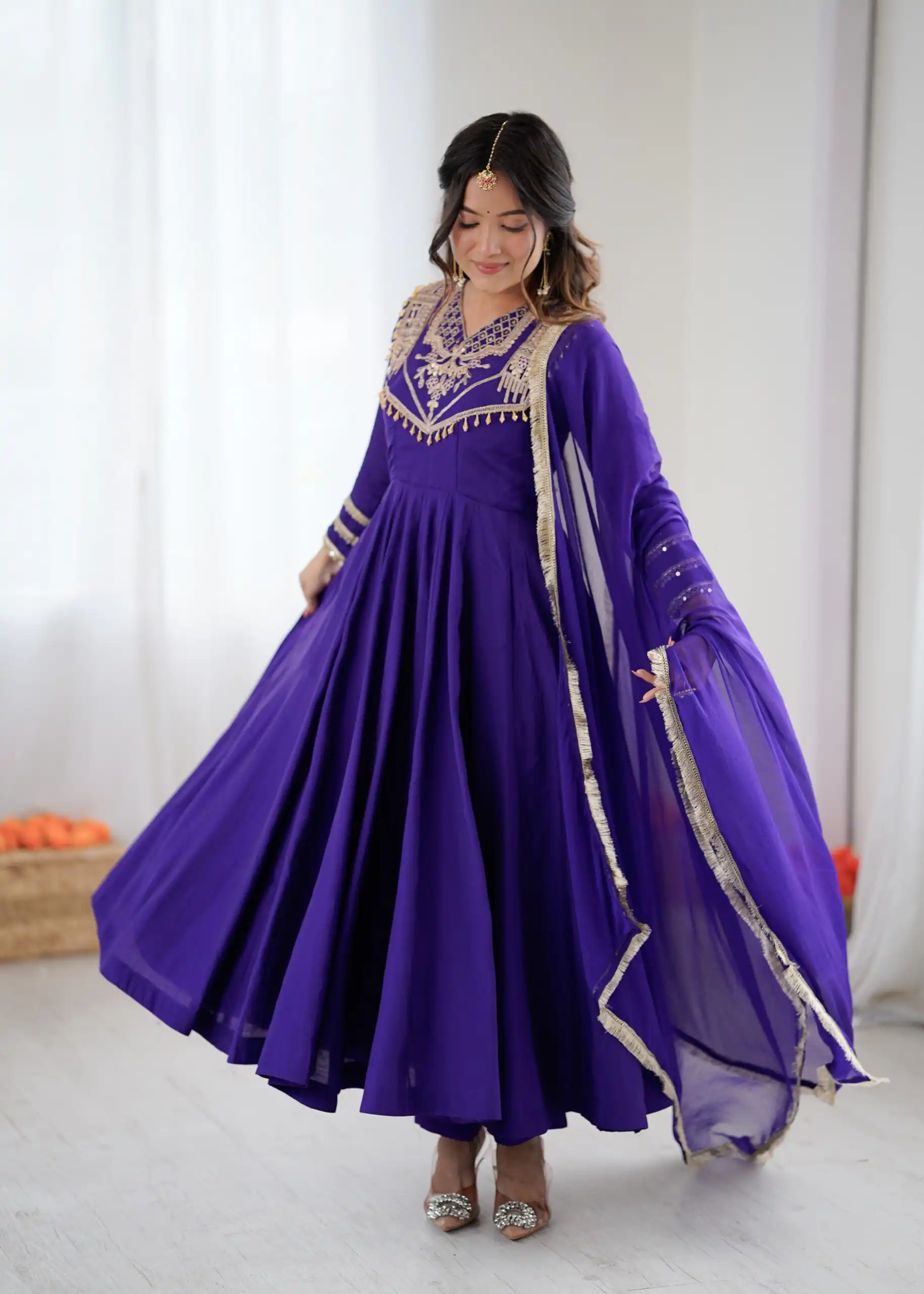 ZSR 3149 Purple Roman silk Gown Perfect for Wedding, Party, Sangeet, Haldi, Lohri – . Introductory Price ₹2099. Delivery 4-6 Working Days. Shop now. | Gowns, Bollywood Gowns, Creative Gowns, Designer Gowns, Embroidered Gowns, Party Wear Gowns
