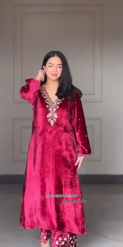 LG 2025 Red Velvet Salwar Suit with Embroidery Work & Lace Work. Exclusive Offer ₹1899. Delivery 4-6 Working Days. Shop now. | Jump Suits, Tops & Bottoms, Track Suits, Salwar suit, Casual Suits, Creative suits, Designer Suits, Palazzo Suits, Party Wear Suits, Patiala Suits, Straight Suits, Trendy Wear